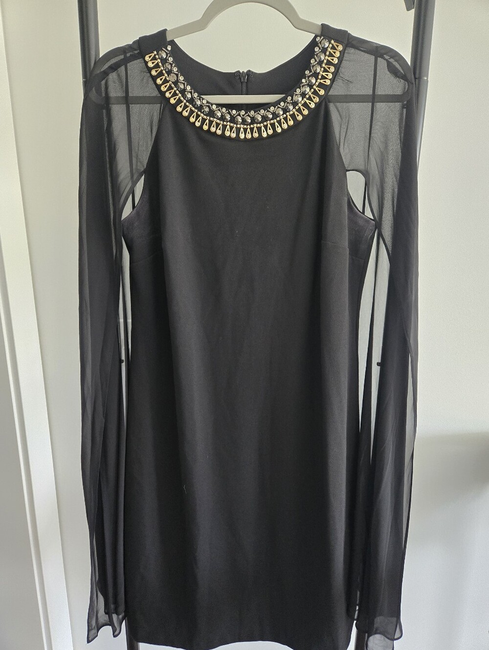 Studio One New York Black Embellished Sheer Sleeve Shift Cape Dress Size 12